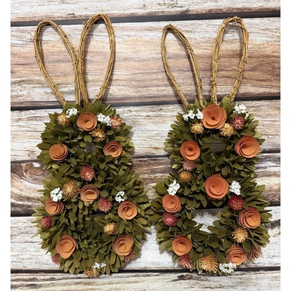 Handmade Wood Shaving Pink & Blue Floral Bunnies Decor Art Farmhouse Cottagecore